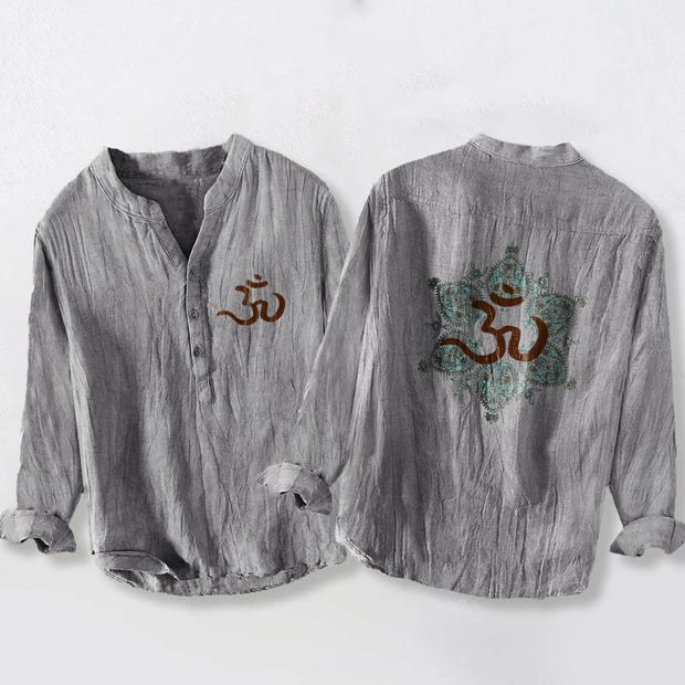 Buddha Stones Om Symbol Symmetrical Mandala Pattern Half Buttons Men's Cotton Linen Long Sleeve Shirt - Gray - US/UK/AU50，EU60 (5XL) - image 3