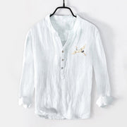 Buddha Stones Mountains Cranes Cloud Pattern Half Buttons Men's Cotton Linen Long Sleeve Shirt - image 7