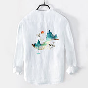 Buddha Stones Mountains Cranes Cloud Pattern Half Buttons Men's Cotton Linen Long Sleeve Shirt - image 8