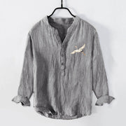 Buddha Stones Mountains Cranes Cloud Pattern Half Buttons Men's Cotton Linen Long Sleeve Shirt - image 1
