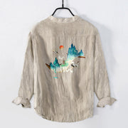 Buddha Stones Mountains Cranes Cloud Pattern Half Buttons Men's Cotton Linen Long Sleeve Shirt - image 5