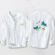 Buddha Stones Mountains Cranes Cloud Pattern Half Buttons Men's Cotton Linen Long Sleeve Shirt - White - US/UK/AU50，EU60 (5XL) - image 6