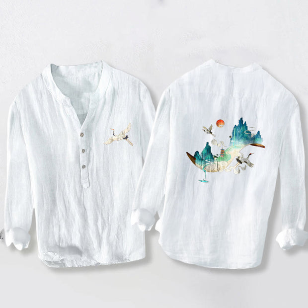 Buddha Stones Mountains Cranes Cloud Pattern Half Buttons Men's Cotton Linen Long Sleeve Shirt - White - US/UK/AU50，EU60 (5XL) - image 6