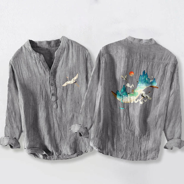 Buddha Stones Mountains Cranes Cloud Pattern Half Buttons Men's Cotton Linen Long Sleeve Shirt - Gray - US/UK/AU50，EU60 (5XL) - image 0