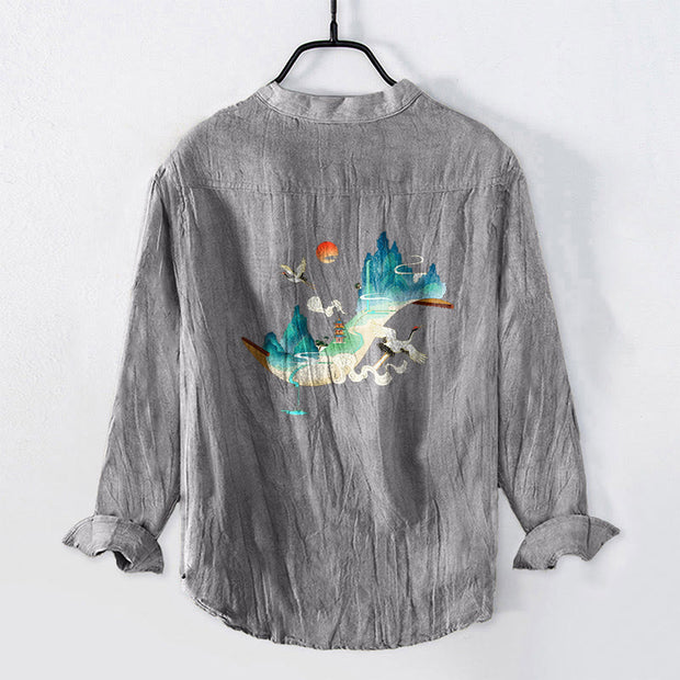Buddha Stones Mountains Cranes Cloud Pattern Half Buttons Men's Cotton Linen Long Sleeve Shirt - image 2