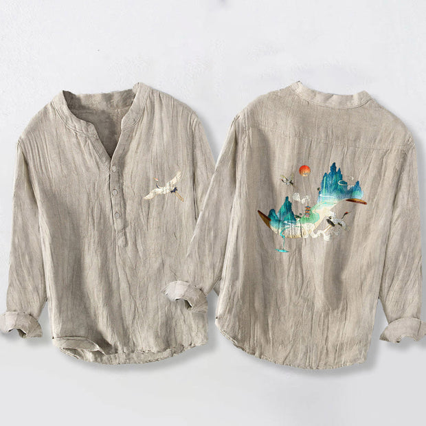 Buddha Stones Mountains Cranes Cloud Pattern Half Buttons Men's Cotton Linen Long Sleeve Shirt - Linen - US/UK/AU50，EU60 (5XL) - image 3