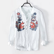 Buddha Stones Koi Fish Flower Pattern Half Buttons Cotton Linen Men's Long Sleeve Shirt - White - US/UK/AU50，EU60 (5XL) - image 6