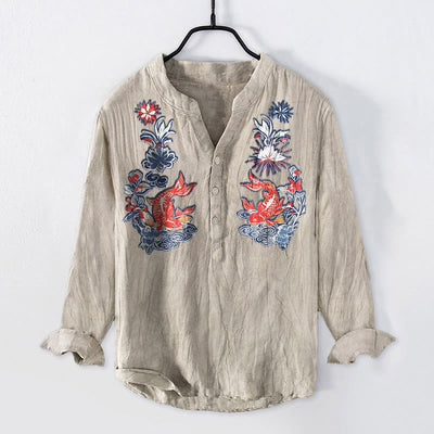Buddha Stones Koi Fish Flower Pattern Half Buttons Cotton Linen Men's Long Sleeve Shirt - Linen - US/UK/AU50，EU60 (5XL) - image 0