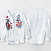 Buddha Stones Koi Fish Flower Pattern Half Buttons Cotton Linen Men's Long Sleeve Shirt - image 8
