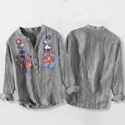 Buddha Stones Koi Fish Flower Pattern Half Buttons Cotton Linen Men's Long Sleeve Shirt - image 5