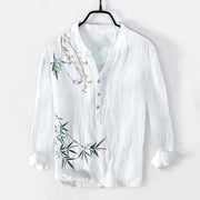 Buddha Stones Bamboo Leaves White Plum Blossoms Pattern Cotton Linen Men's Long Sleeve Shirt - White - US/UK/AU50，EU60 (5XL) - image 6