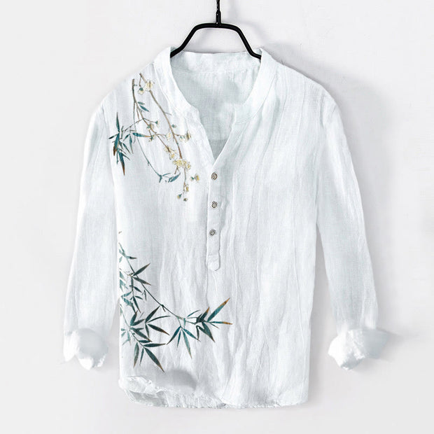 Buddha Stones Bamboo Leaves White Plum Blossoms Pattern Cotton Linen Men's Long Sleeve Shirt - White - US/UK/AU50，EU60 (5XL) - image 6