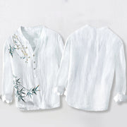 Buddha Stones Bamboo Leaves White Plum Blossoms Pattern Cotton Linen Men's Long Sleeve Shirt - image 8