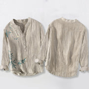 Buddha Stones Bamboo Leaves White Plum Blossoms Pattern Cotton Linen Men's Long Sleeve Shirt - image 2