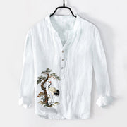 Buddha Stones Cranes Pine Tree Pattern Half Buttons Cotton Linen Men's Long Sleeve Shirt - White - US/UK/AU50，EU60 (5XL) - image 6