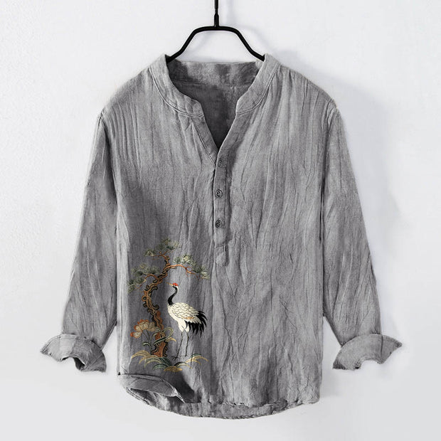 Buddha Stones Cranes Pine Tree Pattern Half Buttons Cotton Linen Men's Long Sleeve Shirt - Gray - US/UK/AU50，EU60 (5XL) - image 3