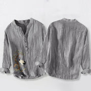 Buddha Stones Cranes Pine Tree Pattern Half Buttons Cotton Linen Men's Long Sleeve Shirt - image 5