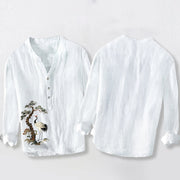Buddha Stones Cranes Pine Tree Pattern Half Buttons Cotton Linen Men's Long Sleeve Shirt - image 8