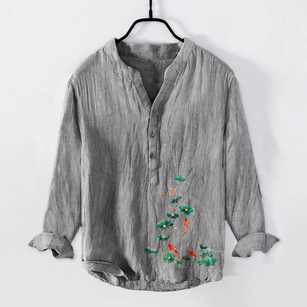 Buddha Stones Koi Fish Lotus Leaves Pattern Half Buttons Cotton Linen Men's Long Sleeve Shirt - Gray - US/UK/AU50，EU60 (5XL) - image 6