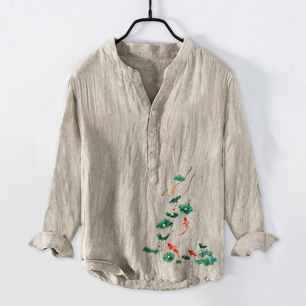Buddha Stones Koi Fish Lotus Leaves Pattern Half Buttons Cotton Linen Men's Long Sleeve Shirt - Linen - US/UK/AU50，EU60 (5XL) - image 3