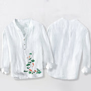 Buddha Stones Koi Fish Lotus Leaves Pattern Half Buttons Cotton Linen Men's Long Sleeve Shirt - image 2