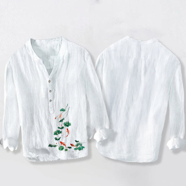 Buddha Stones Koi Fish Lotus Leaves Pattern Half Buttons Cotton Linen Men's Long Sleeve Shirt - image 2