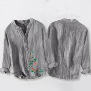 Buddha Stones Koi Fish Lotus Leaves Pattern Half Buttons Cotton Linen Men's Long Sleeve Shirt - image 8