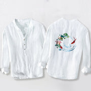 Buddha Stones Koi Fish Lotus Flowers Leaves Pattern Half Buttons Long Sleeve Men's Cotton Linen Shirt - image 8