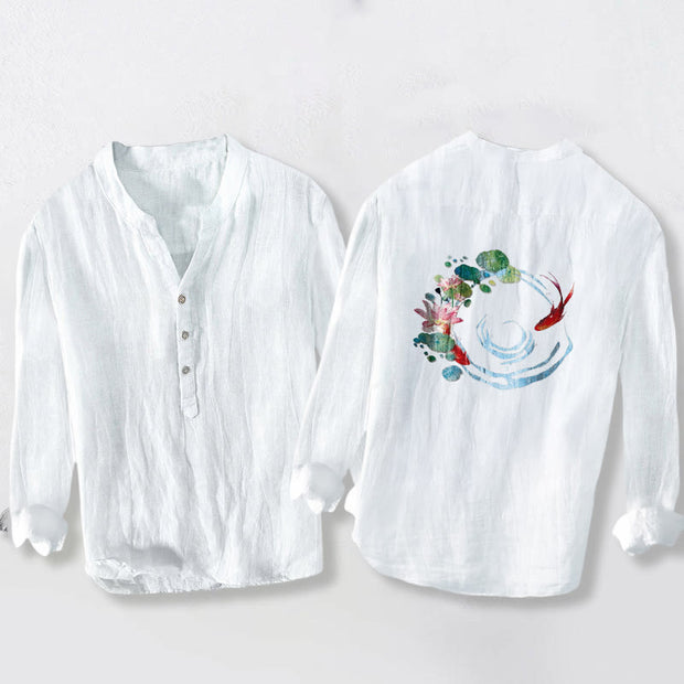 Buddha Stones Koi Fish Lotus Flowers Leaves Pattern Half Buttons Long Sleeve Men's Cotton Linen Shirt - image 8