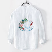 Buddha Stones Koi Fish Lotus Flowers Leaves Pattern Half Buttons Long Sleeve Men's Cotton Linen Shirt - White - US/UK/AU50，EU60 (5XL) - image 6