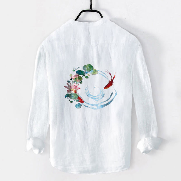 Buddha Stones Koi Fish Lotus Flowers Leaves Pattern Half Buttons Long Sleeve Men's Cotton Linen Shirt - White - US/UK/AU50，EU60 (5XL) - image 6