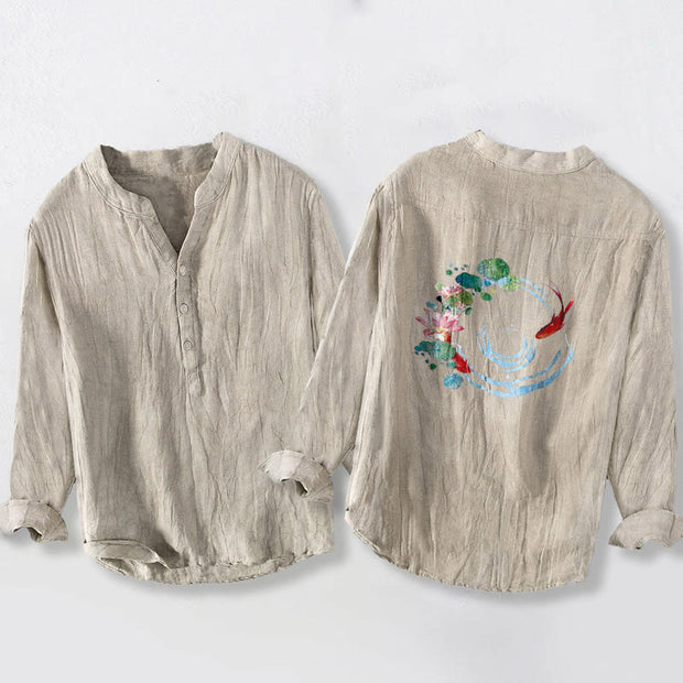 Buddha Stones Koi Fish Lotus Flowers Leaves Pattern Half Buttons Long Sleeve Men's Cotton Linen Shirt - image 5