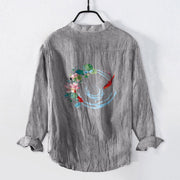 Buddha Stones Koi Fish Lotus Flowers Leaves Pattern Half Buttons Long Sleeve Men's Cotton Linen Shirt - Gray - US/UK/AU50，EU60 (5XL) - image 0