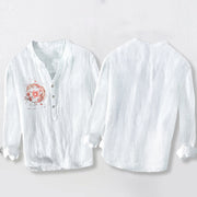 Buddha Stones Pink Dragon Cherry Blossoms Pattern Half Buttons Long Sleeve Men's Cotton Linen Shirt - image 8