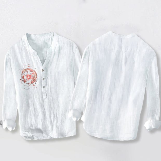 Buddha Stones Pink Dragon Cherry Blossoms Pattern Half Buttons Long Sleeve Men's Cotton Linen Shirt - image 8