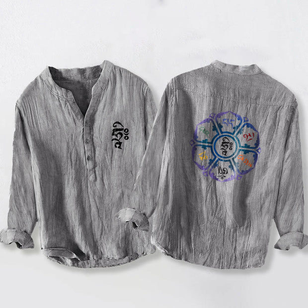 Buddha Stones Om Mani Padme Hum Colorful Mandala Pattern Half Buttons Long Sleeve Men's Cotton Linen Shirt - Gray - US/UK/AU50，EU60 (5XL) - image 6