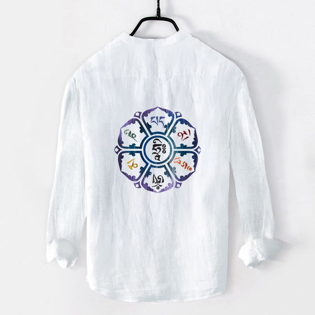 Buddha Stones Om Mani Padme Hum Colorful Mandala Pattern Half Buttons Long Sleeve Men's Cotton Linen Shirt - image 2