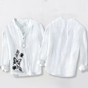 Buddha Stones Butterfly Lotus Pattern Half Buttons Long Sleeve Men's Cotton Linen Shirt - image 8