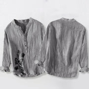 Buddha Stones Butterfly Lotus Pattern Half Buttons Long Sleeve Men's Cotton Linen Shirt - image 5