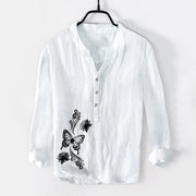 Buddha Stones Butterfly Lotus Pattern Half Buttons Long Sleeve Men's Cotton Linen Shirt - White - US/UK/AU50，EU60 (5XL) - image 6
