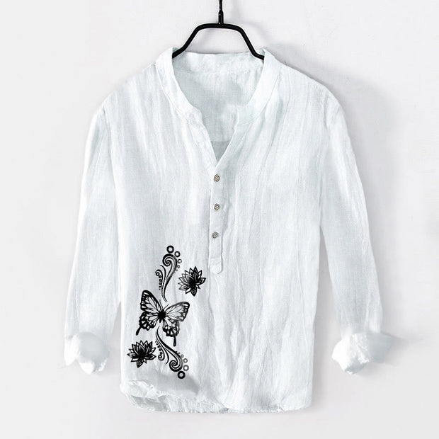 Buddha Stones Butterfly Lotus Pattern Half Buttons Long Sleeve Men's Cotton Linen Shirt - White - US/UK/AU50，EU60 (5XL) - image 6