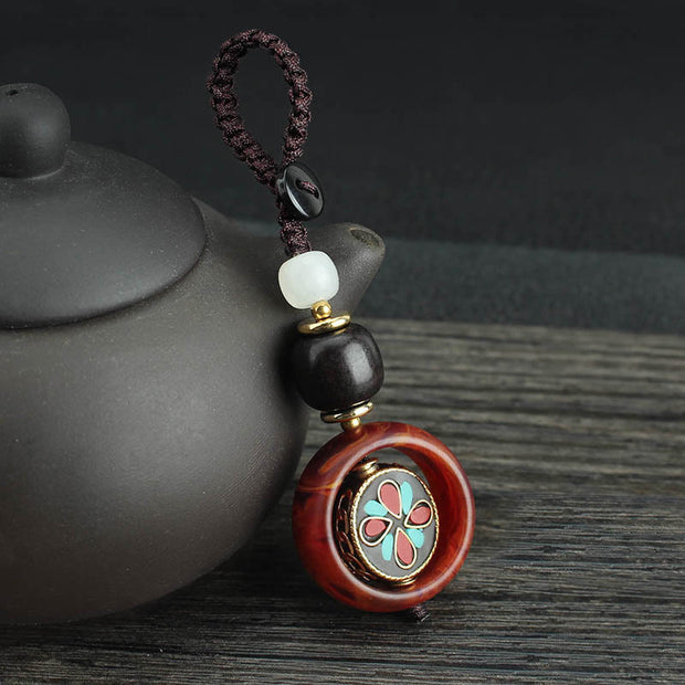 Buddha Stones Ebony Wood Sanskrit Four-leaf Clover Buddha's Eye Peace Rotatable Key Chain - Four-leaf Clover Pattern - image 8