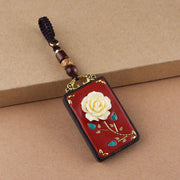 Buddha Stones Ebony Flower Koi Fish Fu Character Button Rope Key Chain - Brown Button Rope - Rose - image 1