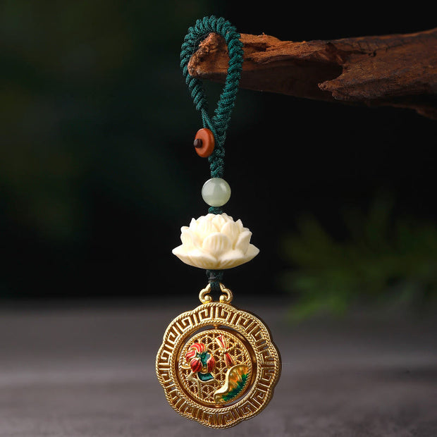 Buddha Stones Bodhi Seed Lotus Hetian Jade Bead Copper Rotatable Peace Key Chain - image 3
