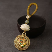 Buddha Stones Bodhi Seed Lotus Hetian Jade Bead Copper Rotatable Peace Key Chain - Dragonfly Lotus Leaf - Yellow Button Rope - image 0
