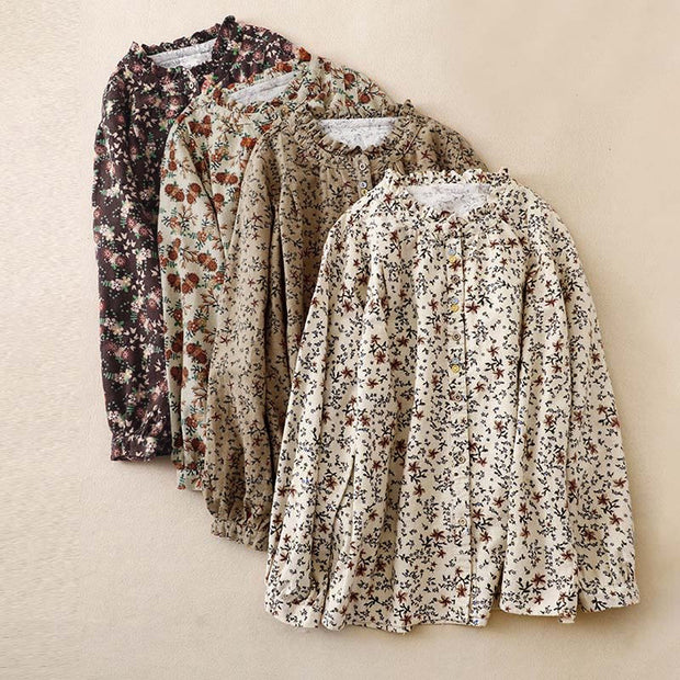 Buddha Stones Fall Floral Print Buttons Down Design Women's Cotton Long Sleeve Shirt - image 1