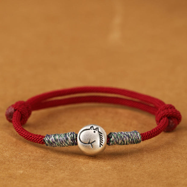 Buddha Stones 999 Sterling Silver Year Of The Horse Chinese Zodiac String Braided Luck Bracelet - Horse Darkred String - 19-23cm - image 1