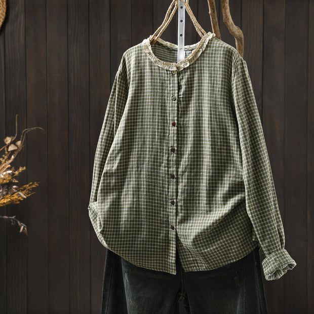 Buddha Stones Fall Plaid Print Stand Collar Buttons Down Design Women's Cotton Long Sleeve Shirt - DarkSeaGreen - US6，UK/AU10，EU38 (L) - image 0