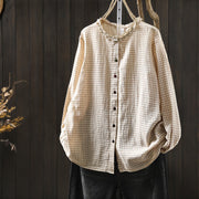 Buddha Stones Fall Plaid Print Stand Collar Buttons Down Design Women's Cotton Long Sleeve Shirt - LightGoldenrodYellow - US6，UK/AU10，EU38 (L) - image 2