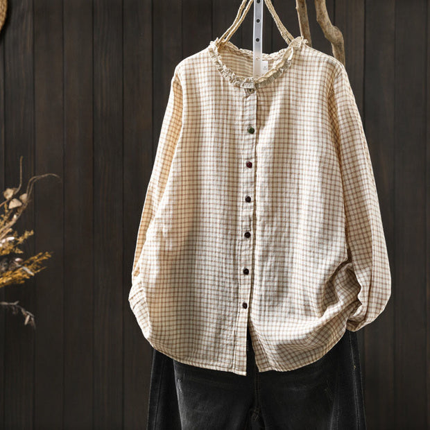 Buddha Stones Fall Plaid Print Stand Collar Buttons Down Design Women's Cotton Long Sleeve Shirt - LightGoldenrodYellow - US6，UK/AU10，EU38 (L) - image 2